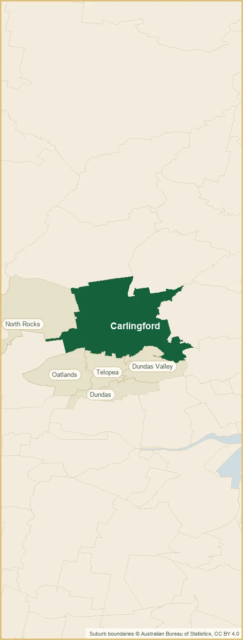 Map of the Carlingford plumbing service area, covering Dundas, Dundas Valley, North Rocks, Oatlands and Telopea