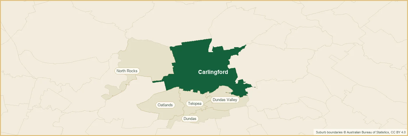 Map of the Carlingford plumbing service area, covering Dundas, Dundas Valley, North Rocks, Oatlands and Telopea